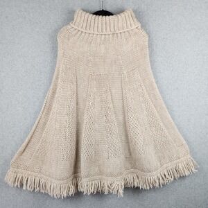 Iperico Beige Knit Turtleneck Fringe Poncho Cape One Size Made in Italy